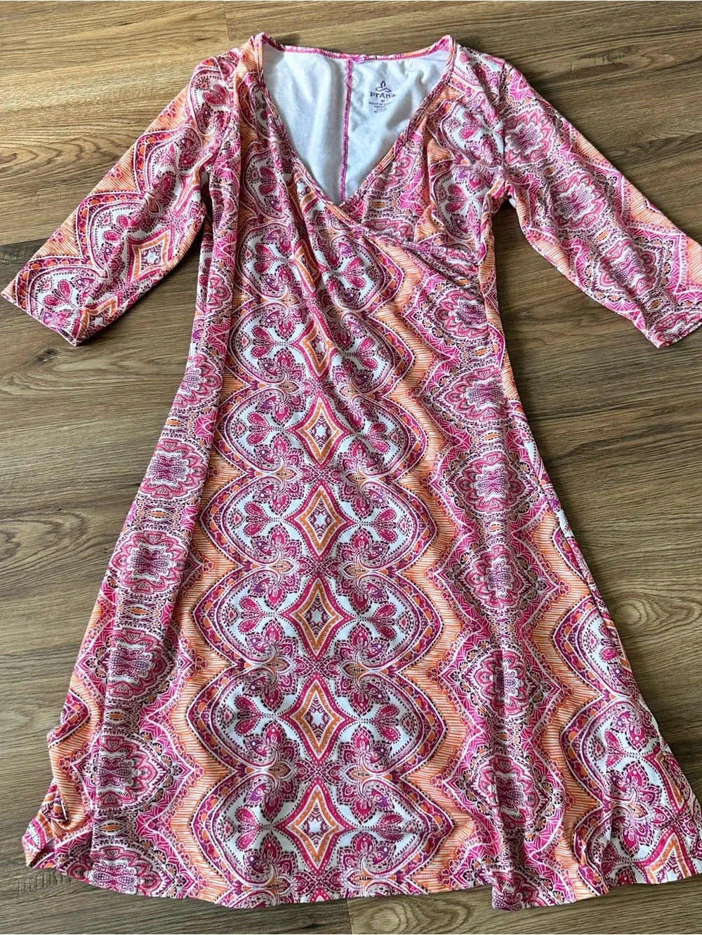 Prana Nadia Faux Wrap Dress Medium V-Neck Orange Pink Pocket Stretch Boho Casual